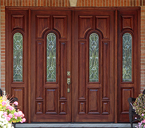 N525 Sierra Glass exterior mahogany double doors and sidelights