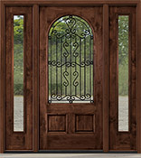 Rustic entry doors with wrought iron and clear glass