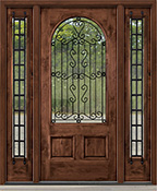 rustic wrought iron glass doors with iron barred sidelights